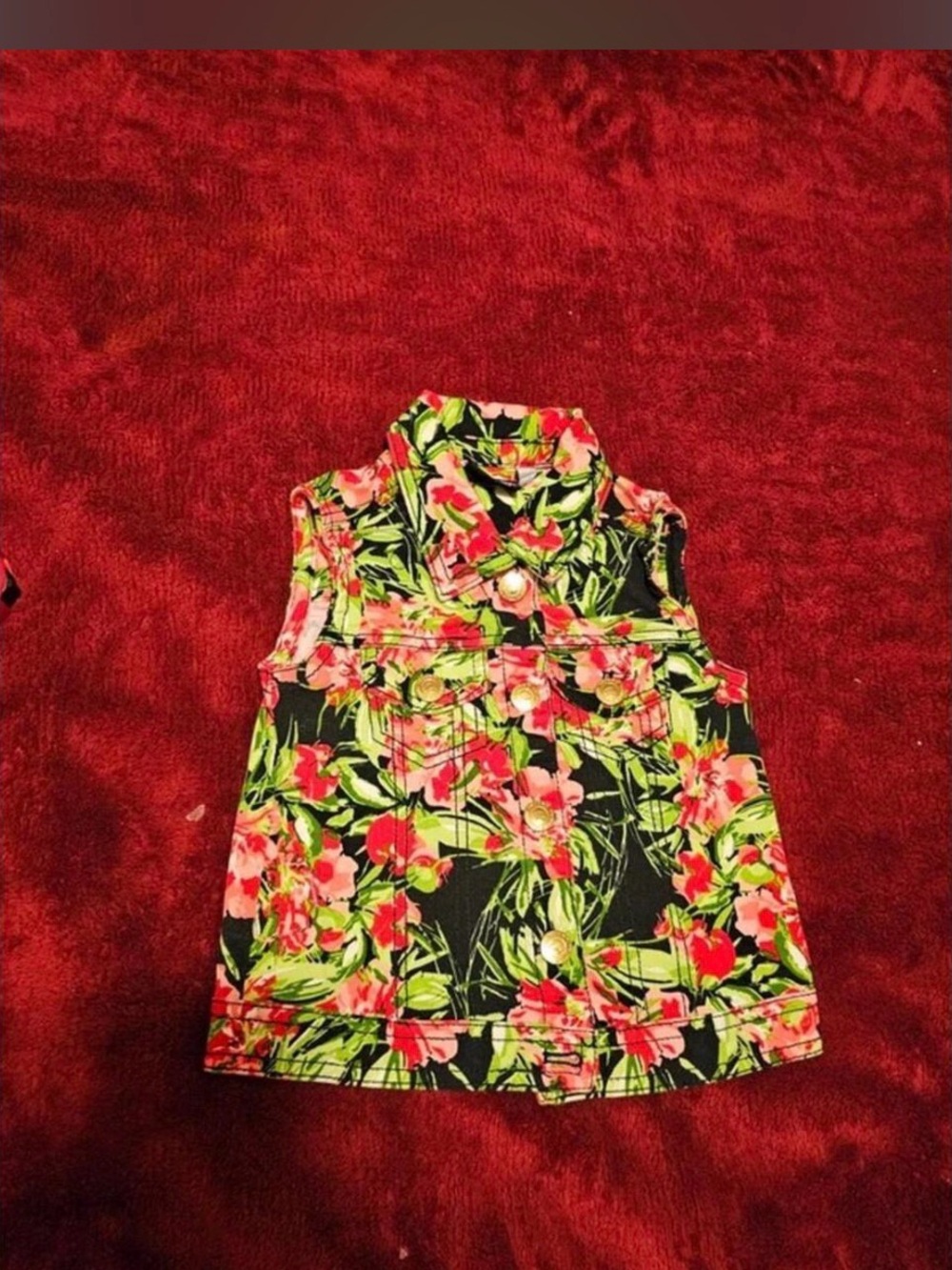 Floral Sleeveless Denim Vest - Black & Pink